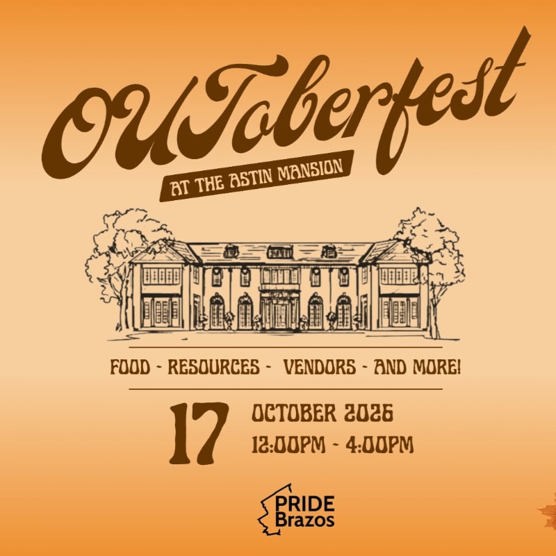 A sketch of Astin Mansion is centered on an orange background with "OUToberfest" in large brown script at the top, and event details below.