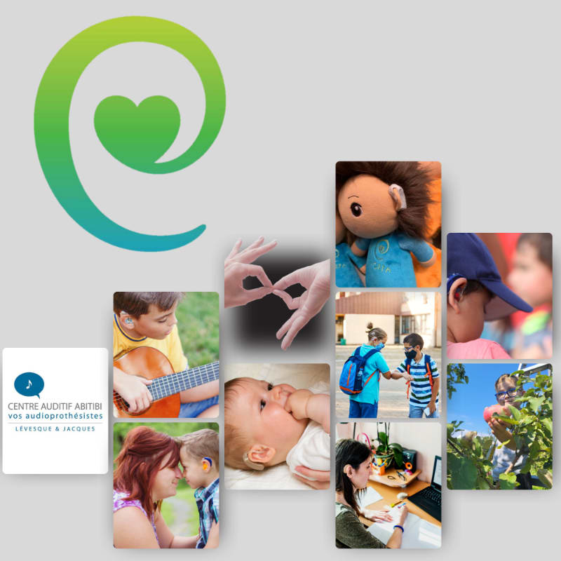A logo with a heart inside a swirl is in the upper left, with a collage of photos showing people of all ages interacting with sound and each other in the foreground.
