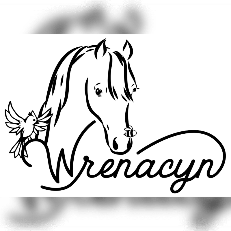 A stylized black and white line drawing features a horse's head in the foreground with a bird perched on its mane, while the background is a blurred white space with a subtle shadow effect.