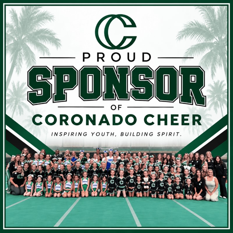 A large group of cheerleaders poses for a photo in front of a banner proclaiming sponsorship of Coronado Cheer, with palm trees visible in the background.