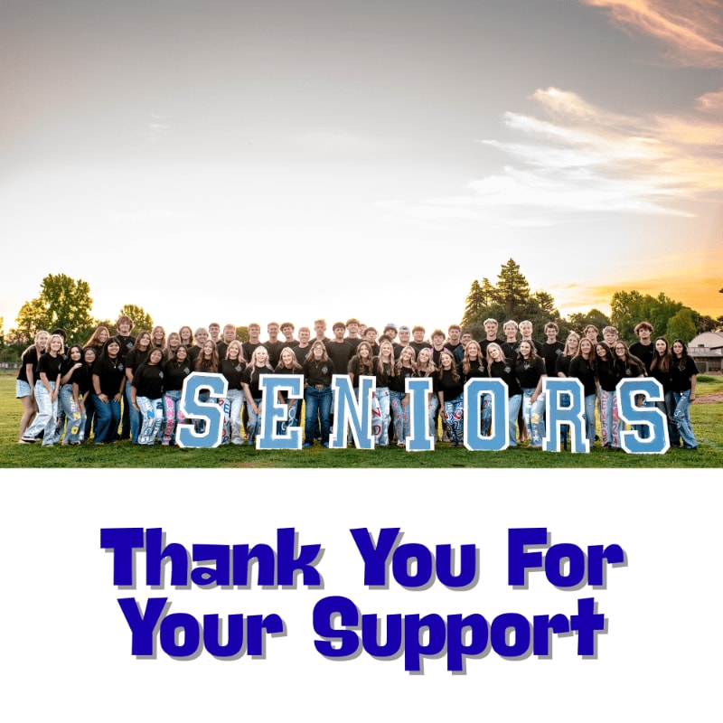 A large group of high school seniors poses behind large blue letters spelling "SENIORS" on a grassy field, with a sunset sky in the background.