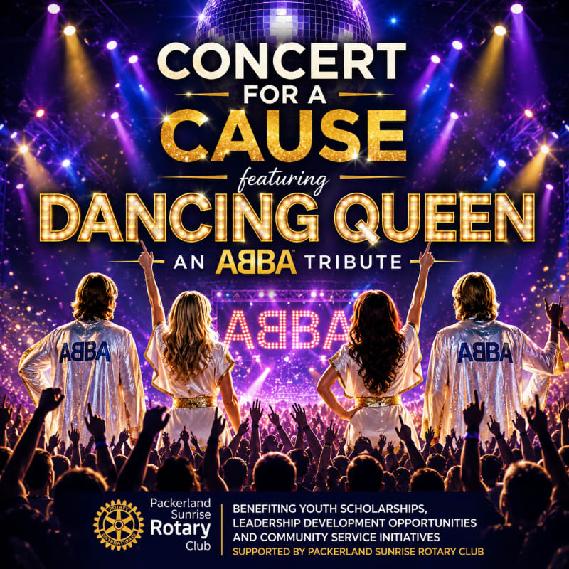 A tribute band, "Dancing Queen," performs on a stage with a disco ball and spotlights, in front of a cheering crowd, advertising a concert for a cause benefiting youth scholarships and community initiatives.