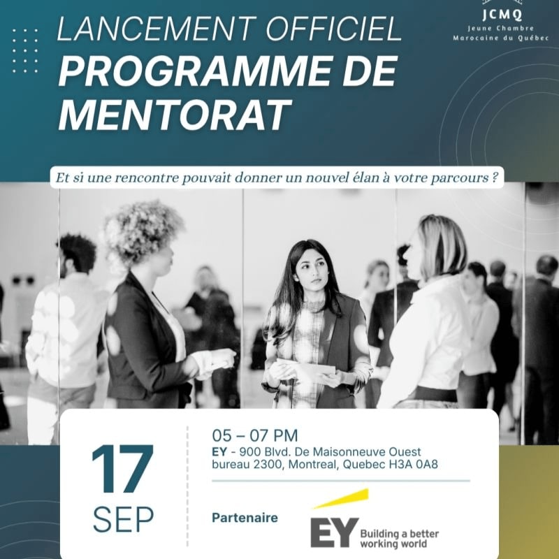 A group of professionals are gathered in a bright, modern office space for the official launch of a mentorship program, with event details and sponsor logos overlaid on the image.