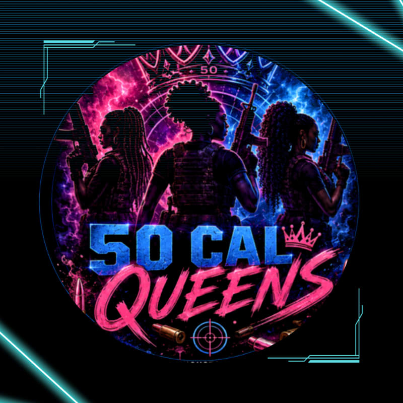 Three women with guns stand in front of a vibrant, cosmic background with the words "50 CAL QUEENS" emblazoned across the center.
