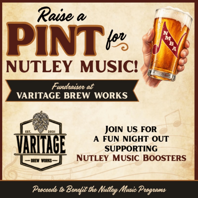 A hand holds a pint of beer in the foreground, while the background features text announcing a fundraiser for Nutley Music at Varitage Brew Works.