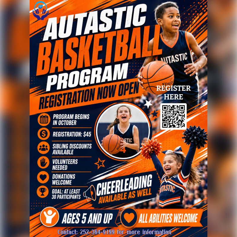 A vibrant orange and blue flyer advertises an Autastic Basketball Program for ages 5 and up, featuring energetic children playing basketball and cheering in the foreground against a dynamic background with program details.