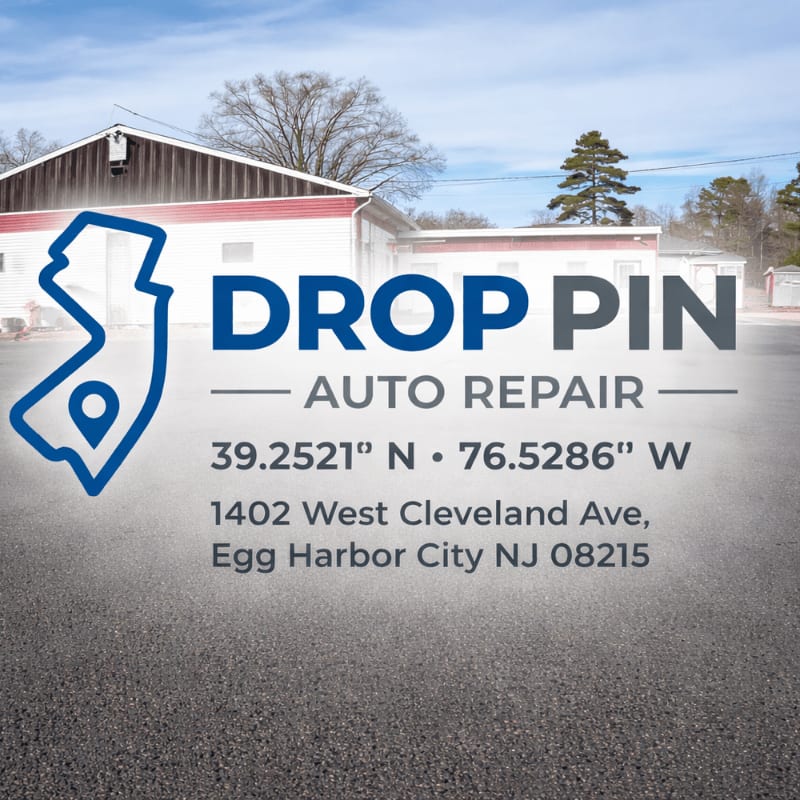 A gray asphalt foreground leads to a building with "DROP PIN AUTO REPAIR" signage and a New Jersey outline logo, set against a cloudy sky.