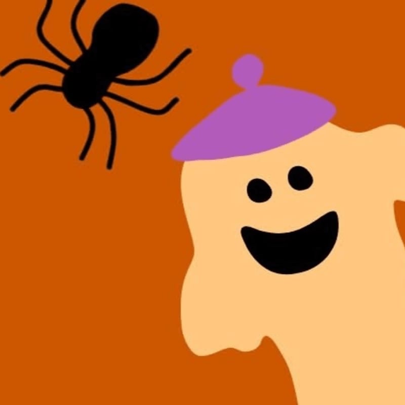 A cheerful, light orange ghost wearing a purple beret grins widely in the foreground, while a black spider with thin legs hovers in the upper left corner against an orange background.