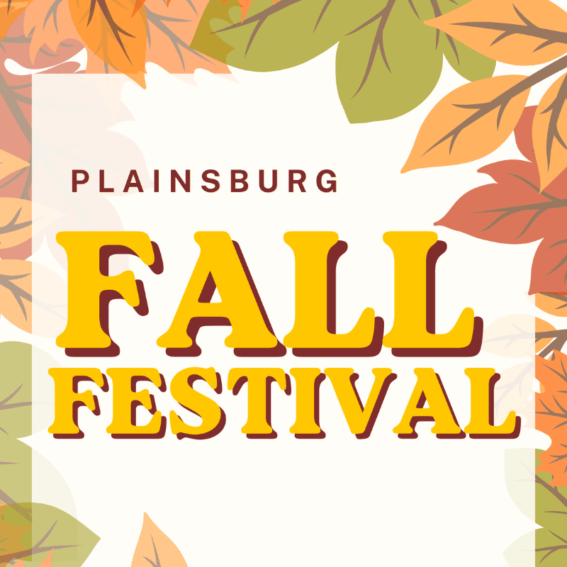 Autumn leaves frame the "Plainsburg Fall Festival" text in bold yellow lettering.