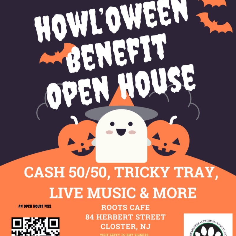 A cute ghost with pumpkins in the foreground is advertising a "Howl'oween Benefit Open House" with event details in the background.