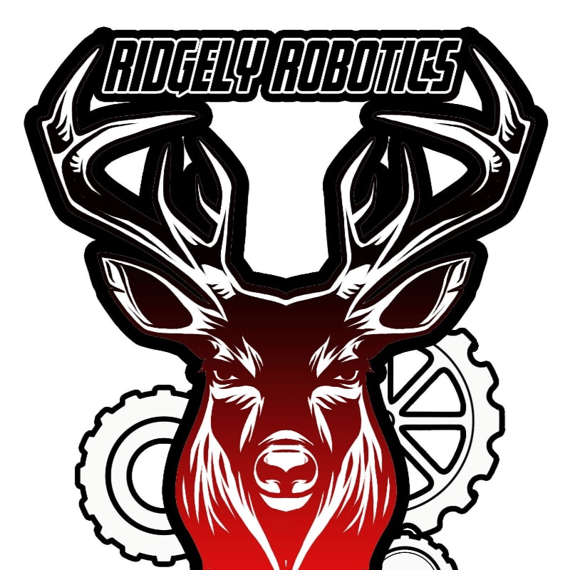 A stylized deer head with prominent antlers, colored in shades of red and black, is set against a white background with two gears on either side.