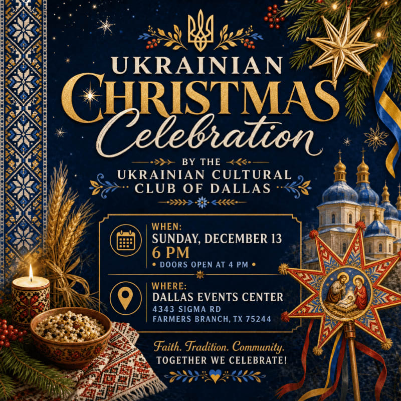 A festive Ukrainian Christmas celebration poster features a candlelit bowl of food and wheat in the foreground, with a stylized depiction of Ukrainian church domes and a star ornament in the background.
