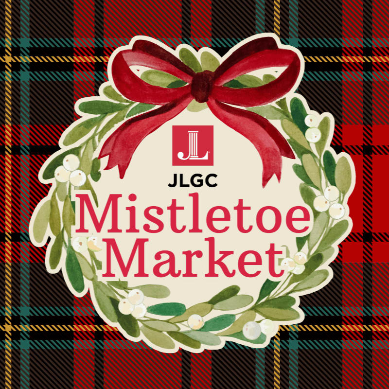 A festive wreath with a red bow and "Mistletoe Market" text is centered on a red and green plaid background.
