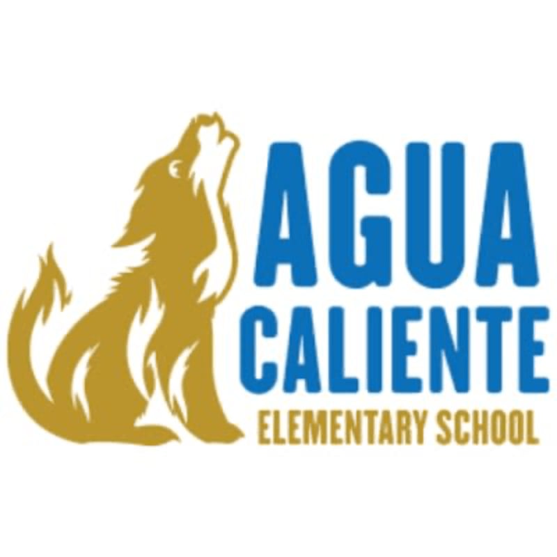 A golden wolf howls beside the blue text "AGUA CALIENTE ELEMENTARY SCHOOL" on a white background.