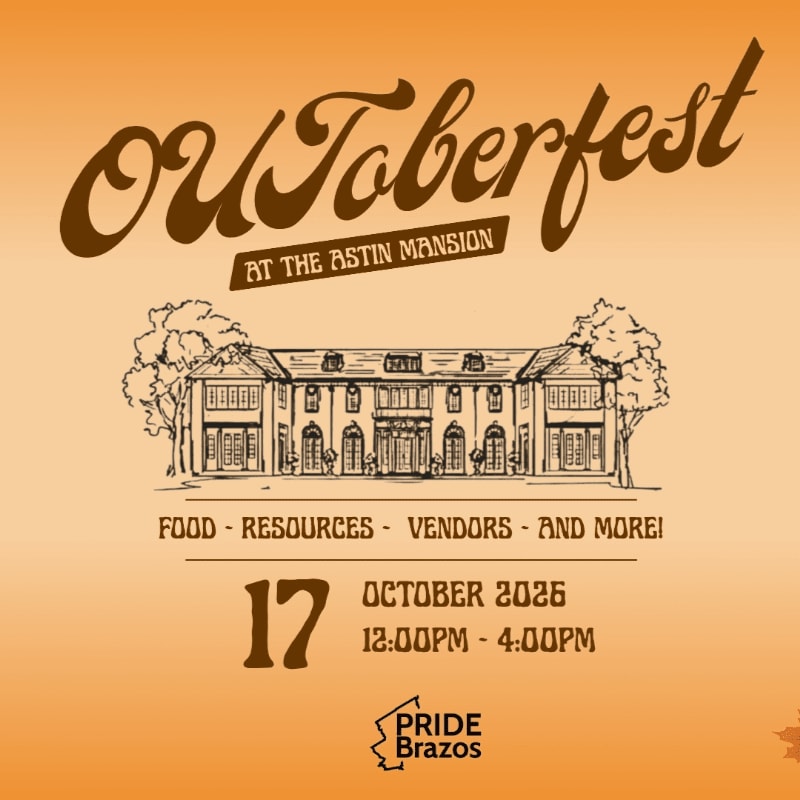 A sketch of Astin Mansion is centered on an orange background with "OUToberfest" in large brown script at the top, and event details below.