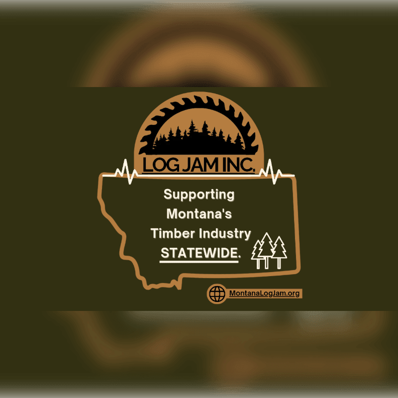 A logo for Log Jam Inc. features a stylized outline of Montana with trees and a saw blade in the foreground, set against a dark green, blurred background.