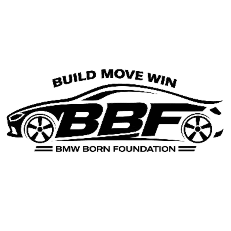 A black and white silhouette of a sports car with the text "BBF BMW BORN FOUNDATION BUILD MOVE WIN" is centered on a plain white background.
