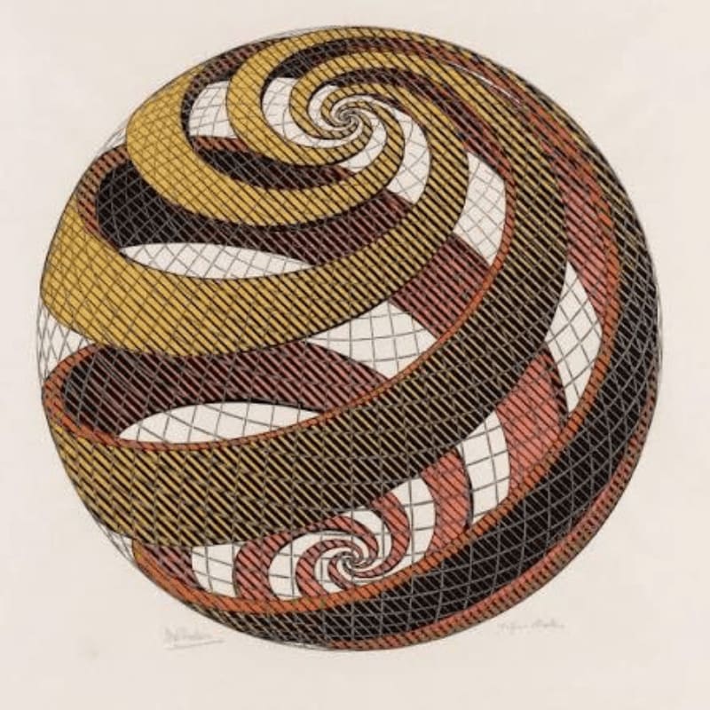 A sphere with swirling, patterned bands of yellow, red, and black recedes into a white background.