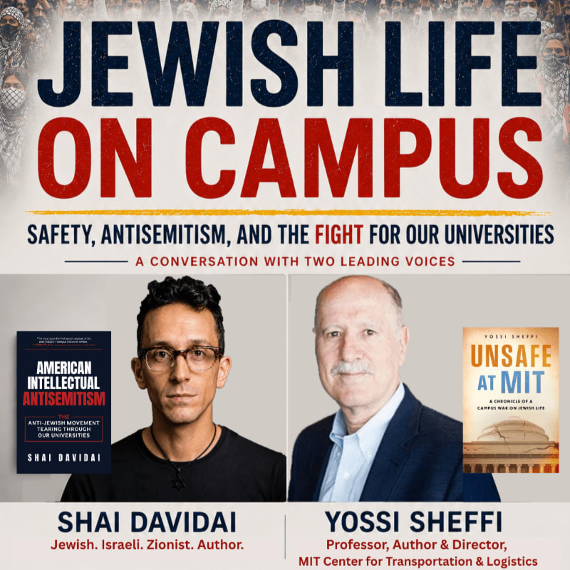 Two men, Shai Davidai and Yossi Sheffi, are featured in the foreground with their books, while the background displays a large crowd and the title "JEWISH LIFE ON CAMPUS."