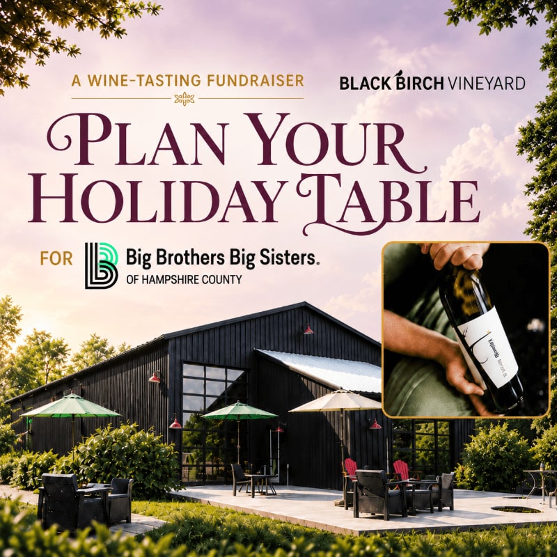 A black barn with outdoor seating is in the foreground, while a sunset sky with trees frames the background of a wine-tasting fundraiser advertisement.