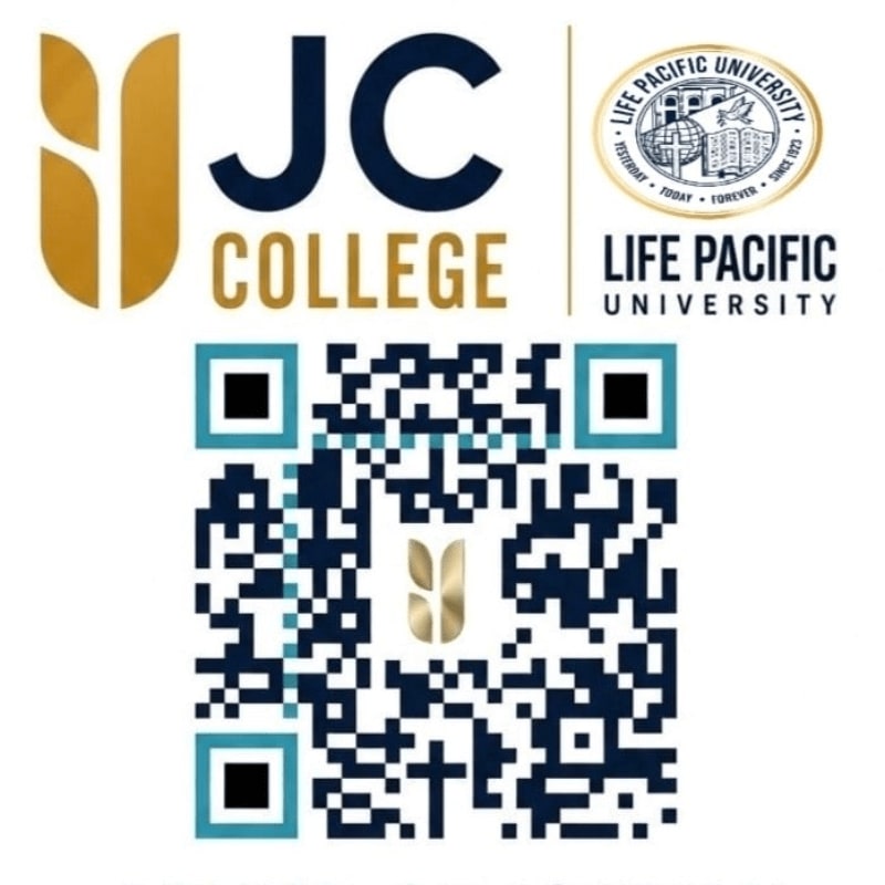 A QR code in the foreground is centered below logos for JC College and Life Pacific University in the background.