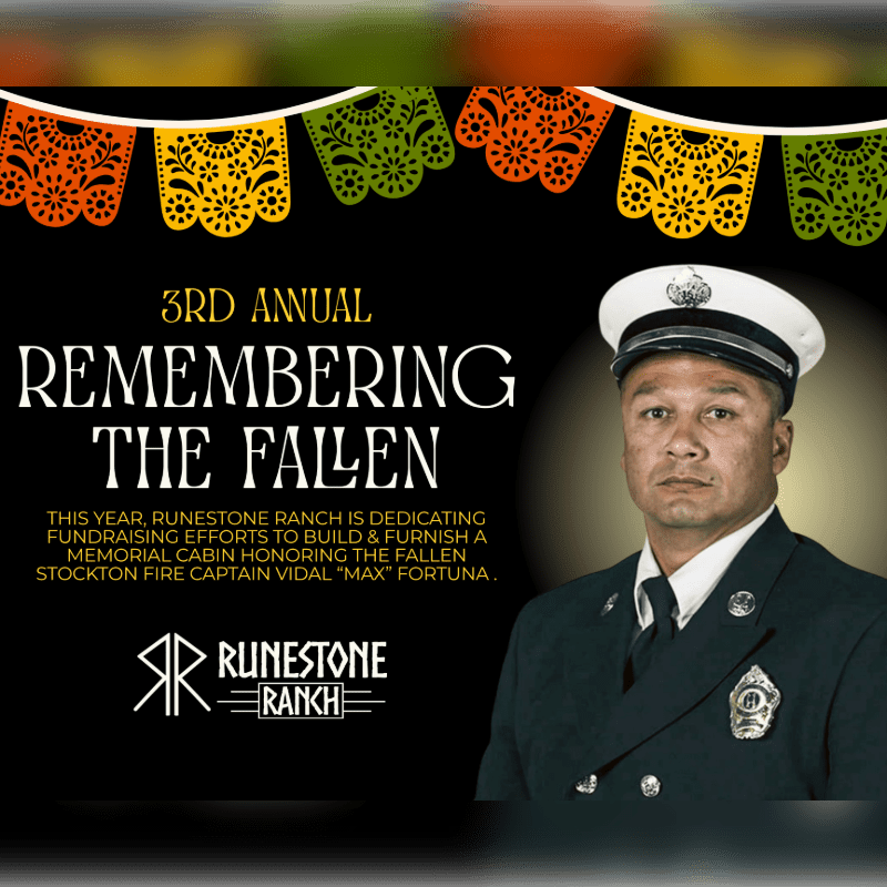 A solemn portrait of a firefighter in uniform stands against a black background adorned with colorful papel picado banners and event details.