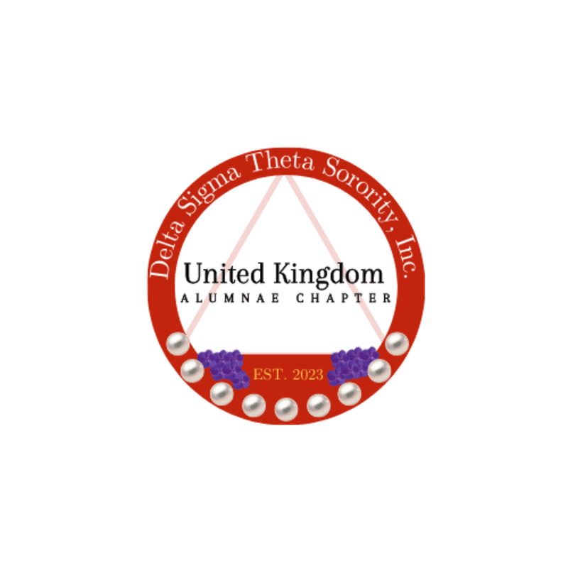 A red circular logo with "Delta Sigma Theta Sorority, Inc." and "United Kingdom Alumnae Chapter" inside a triangle, adorned with pearls and purple grapes at the bottom, is set against a white background.