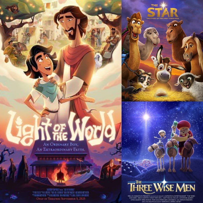 Animated posters for religious films feature characters in the foreground and stylized backgrounds.