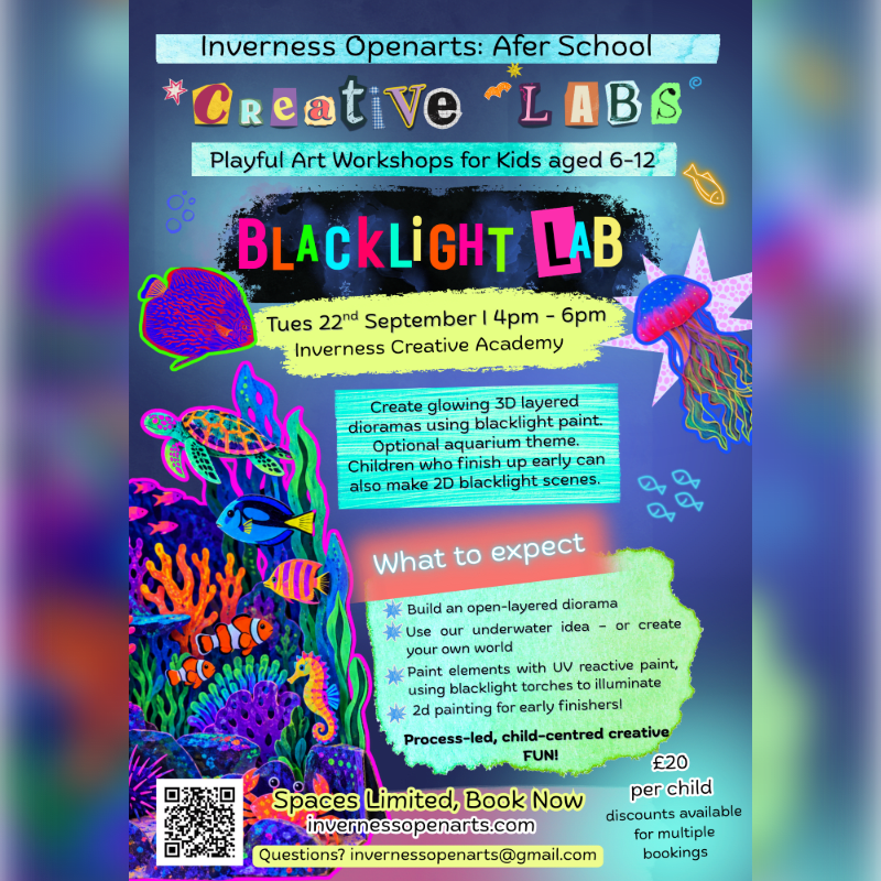 A vibrant blacklight poster advertises a "Creative LABS" after-school workshop called "BLACKLIGHT LAB" for kids aged 6-12, featuring a colorful underwater scene in the foreground and event details in the background.