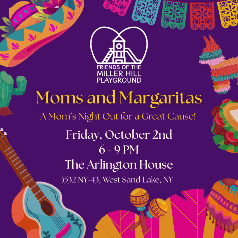 A vibrant fiesta-themed invitation for "Moms and Margaritas" features a sombrero, cactus, guitar, and maracas in the foreground against a purple background adorned with colorful papel picado and a piñata.