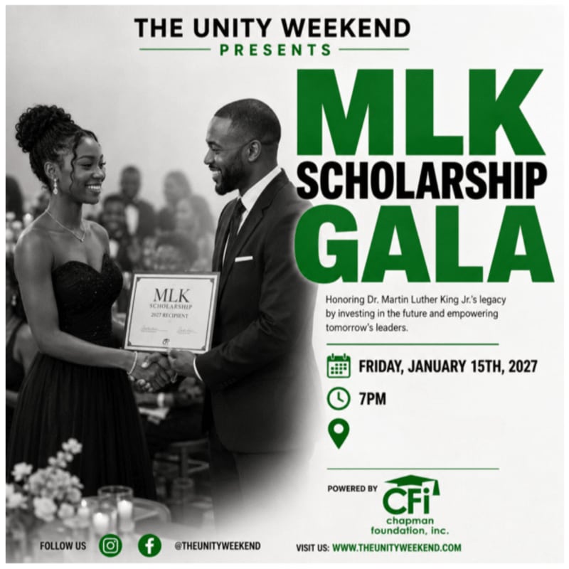 A woman in a formal gown accepts a certificate from a man in a tuxedo at the MLK Scholarship Gala, with event details and sponsors displayed on the right.