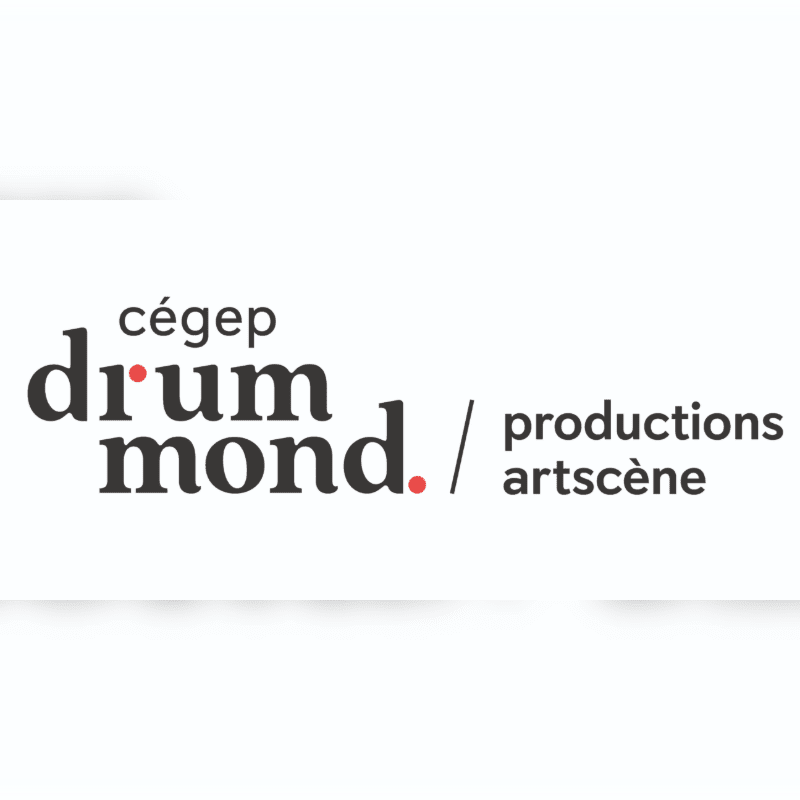 A logo with "cégep drum mond." in large, stylized font on the left and "productions artscène" in smaller text on the right, set against a white background with a subtle gradient.