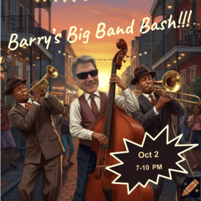 A man in a vest and sunglasses plays the upright bass in the foreground, flanked by two men playing trumpets, all set against a backdrop of a lively street scene with buildings and a sunset.