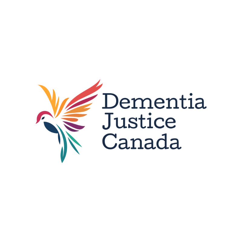 A colorful bird in flight is in the foreground, with the words "Dementia Justice Canada" in dark blue text in the background.