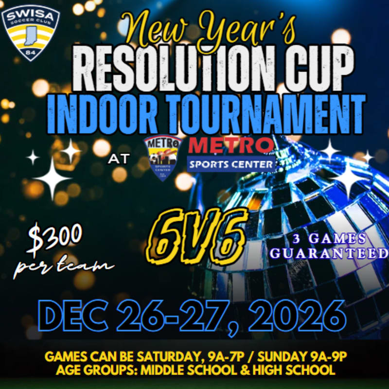 A sparkling disco ball in the foreground reflects the text "New Year's Resolution Cup Indoor Tournament" against a dark, bokeh-filled background.