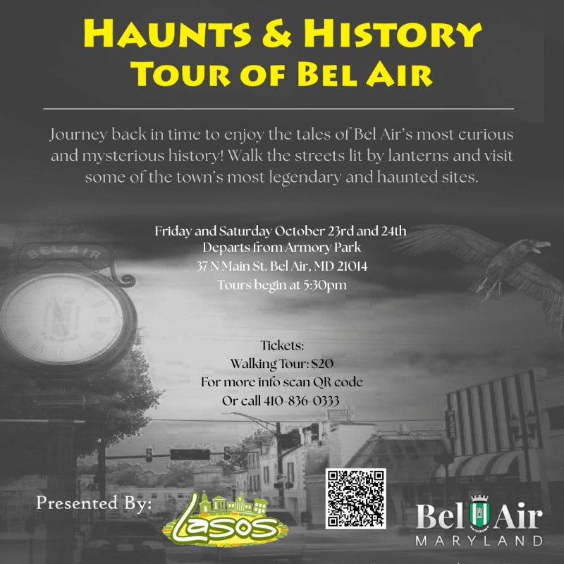 A vintage-style poster advertises a "Haunts & History Tour of Bel Air" with a sepia-toned image of a town street in the background and a clock face in the foreground.