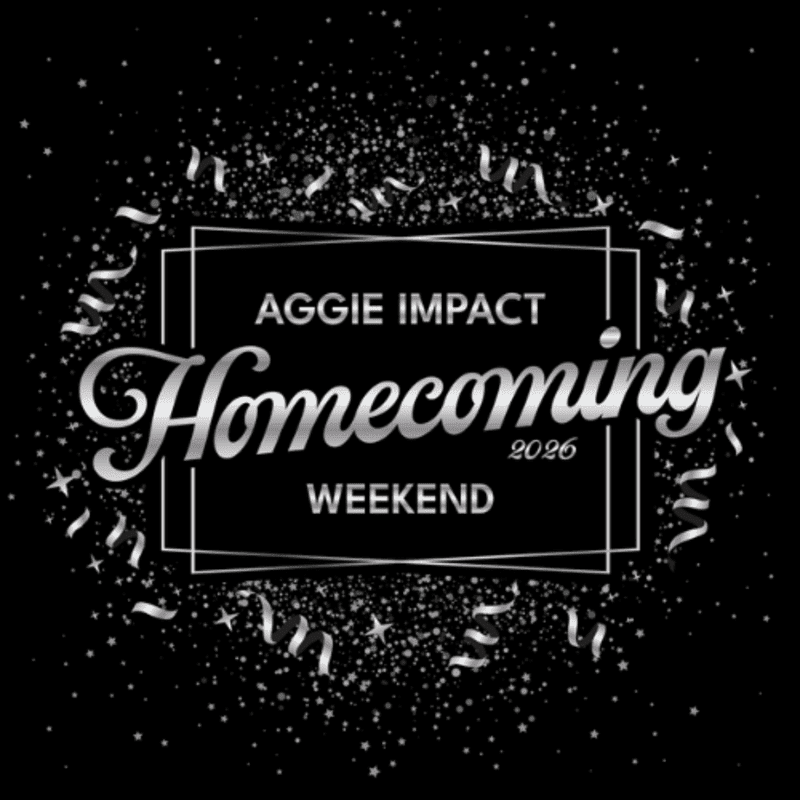 Silver confetti and streamers surround a black rectangle with "AGGIE IMPACT Homecoming 2026 WEEKEND" written in silver text.