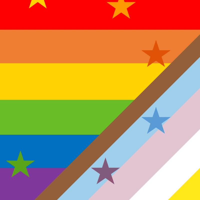 A rainbow flag with stars in the foreground is overlaid with a diagonal stripe of brown, light blue, pink, and white, also featuring stars.