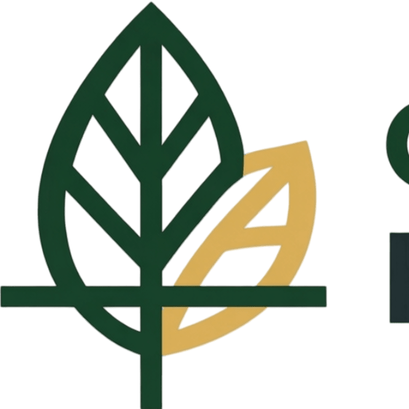 A stylized green leaf overlaps a smaller golden leaf in the foreground, with a dark square and partial circle in the background.