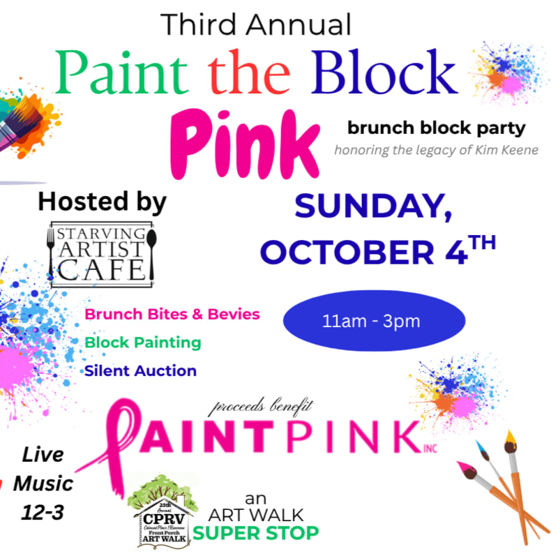 Colorful paint splatters and brushes frame a flyer announcing the "Third Annual Paint the Block Pink" brunch block party on Sunday, October 4th, from 11 am to 3 pm, benefiting Paint Pink Inc.