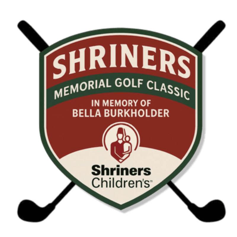 Two crossed golf clubs frame a shield-shaped logo for the Shriners Memorial Golf Classic in memory of Bella Burkholder, featuring the Shriners Children's logo at the bottom.