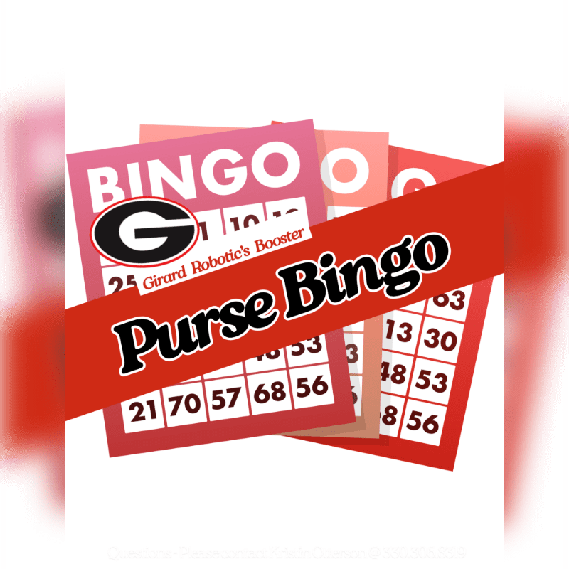 Several pink and red bingo cards with numbers are fanned out in the foreground, with a red banner across them reading "Purse Bingo" and a white background behind them.