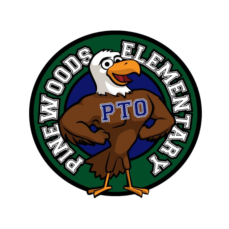 A cartoon eagle with "PTO" on its chest stands in the foreground against a circular background with "PINewoods ELEMENTARY" written around the edge.