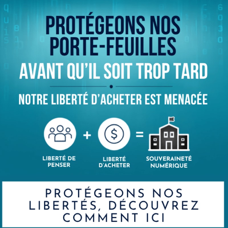 In the foreground, icons represent "freedom of thought," "freedom to buy," and "digital sovereignty," while the background features a blue gradient with digital code.