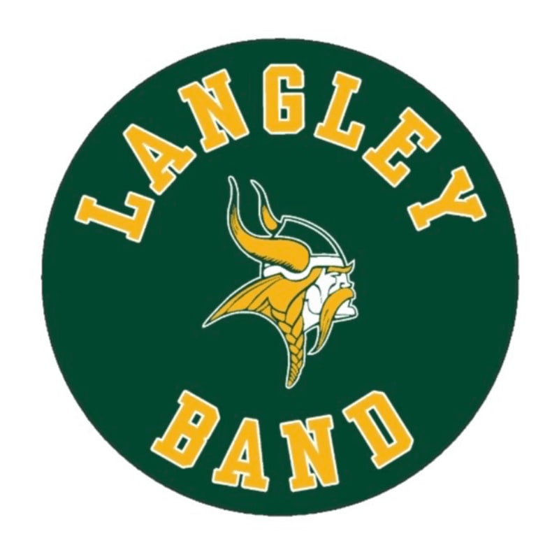 A green circular logo features a yellow Viking head in the center, with "LANGLEY" arched above and "BAND" arched below in yellow lettering.