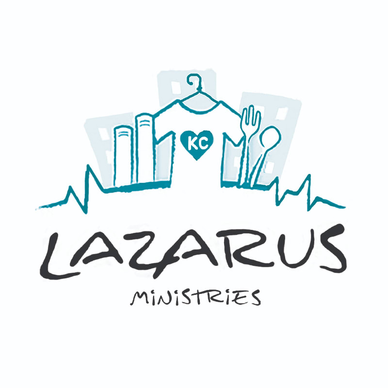 A t-shirt with a heart and "KC" hangs on a hanger in front of stylized buildings, with cutlery to the right, all above the text "LAZARUS MINISTRIES" and a heartbeat line.
