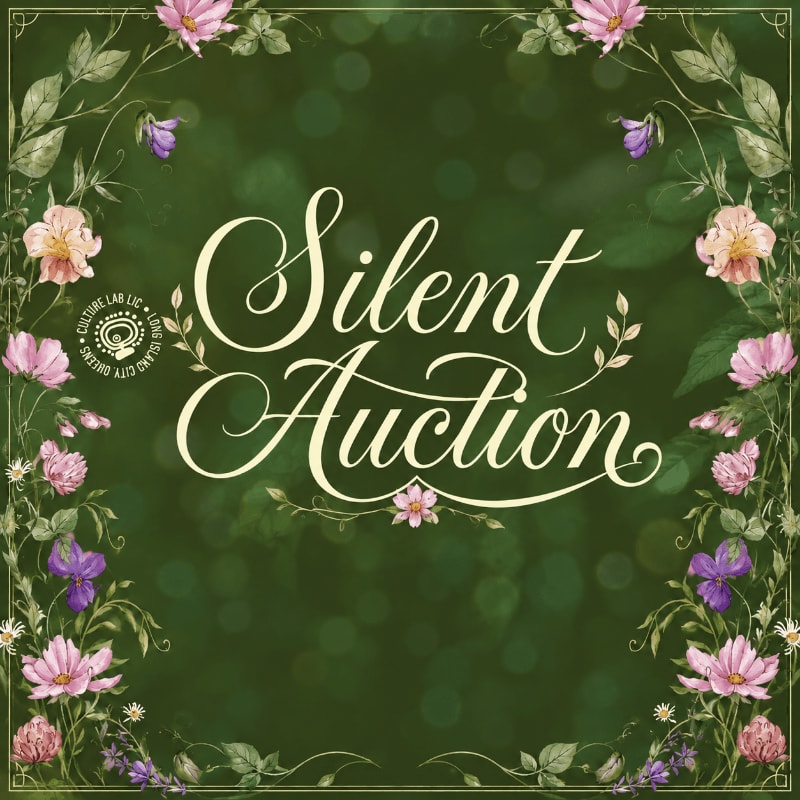 A floral border frames the words "Silent Auction" against a bokeh background.