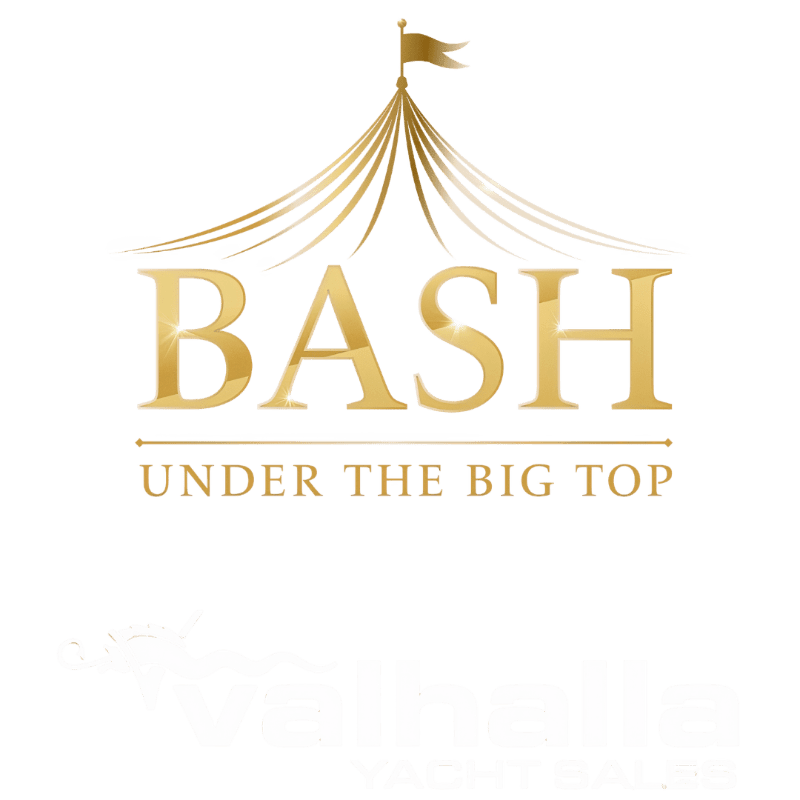 Golden text reading "BASH UNDER THE BIG TOP" is displayed beneath a stylized circus tent graphic against a white background.