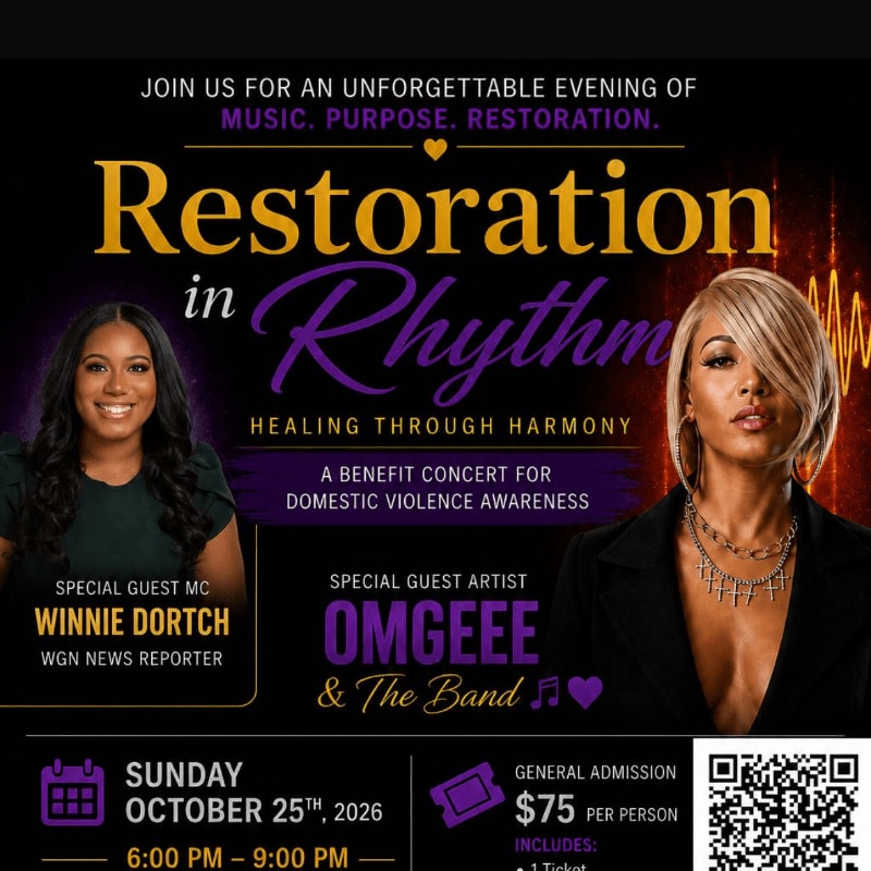 Two women are featured in the foreground of a concert poster advertising "Restoration in Rhythm," a benefit concert for domestic violence awareness, with event details and a QR code in the background.