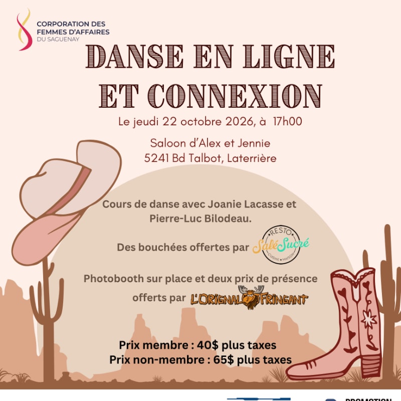 A pink cowboy hat and boot are in the foreground against a desert background with cacti, advertising a "Dance Online and Connection" event.
